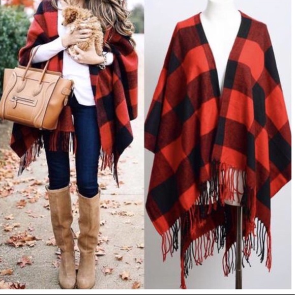 Buffalo Check Poncho Fringe Ruana - Picture 7 of 9